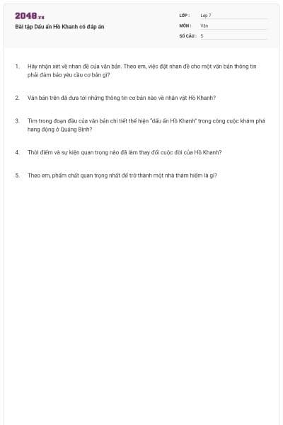Bài tập Dấu ấn Hồ Khanh có đáp án