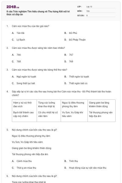 8 câu Trắc nghiệm Tìm hiểu chung về Thu hứng Kết nối tri thức có đáp án