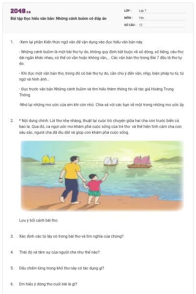 Bài tập Đọc hiểu văn bản: Những cánh buồm có đáp án