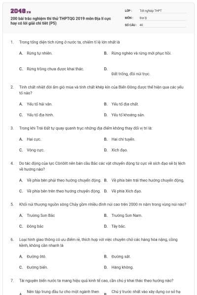 200 bài trắc nghiệm thi thử THPTQG 2019 môn Địa lí cực hay có lời giải chi tiêt (P5)
