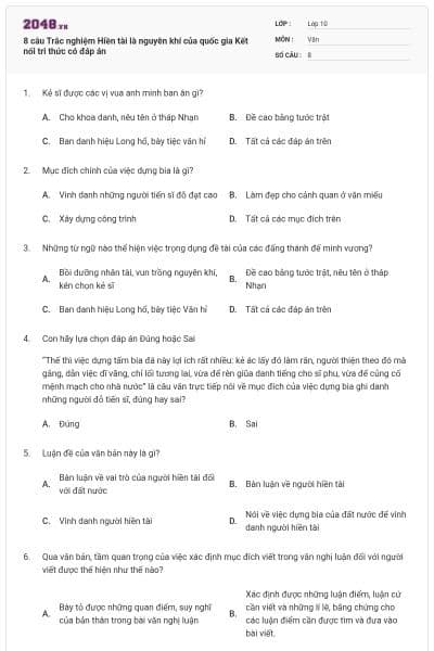 8 câu Trắc nghiệm Hiền tài là nguyên khí của quốc gia Kết nối tri thức có đáp án