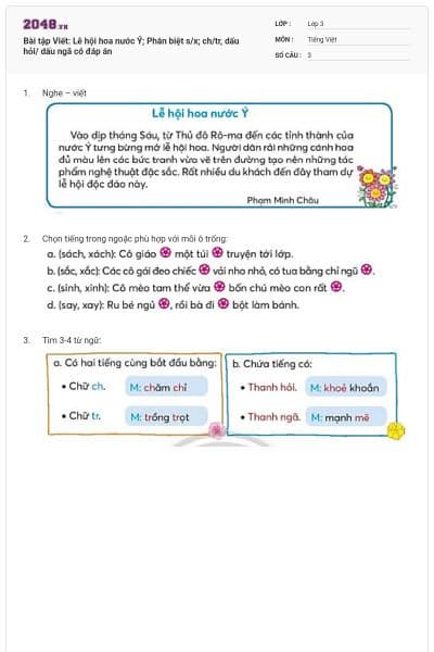 Bài tập Viết: Lễ hội hoa nước Ý; Phân biệt s/x; ch/tr, dấu hỏi/ dấu ngã có đáp án