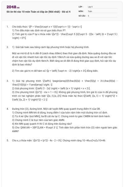 Đề ôn thi vào 10 môn Toán có đáp án (Mới nhất) - Đề số 4