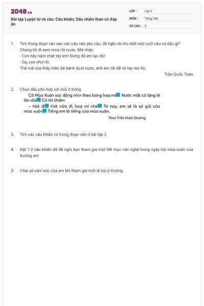 Bài tập Luyện từ và câu: Câu khiến; Dấu chấm than có đáp án