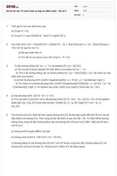 Đề ôn thi vào 10 môn Toán có đáp án (Mới nhất) - Đề số 5