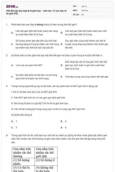 456 Bài tập Quy luật di truyền học - sinh học 12 cực hay có lời giải (P6)
