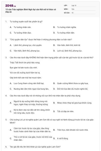 15 câu Trắc nghiệm Bình Ngô đại cáo Kết nối tri thức có đáp án