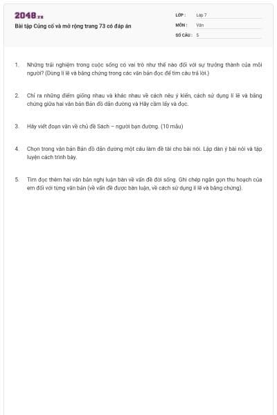 Bài tập Củng cố và mở rộng trang 73 có đáp án