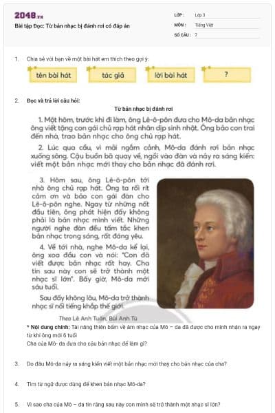 Bài tập Đọc: Từ bản nhạc bị đánh rơi có đáp án