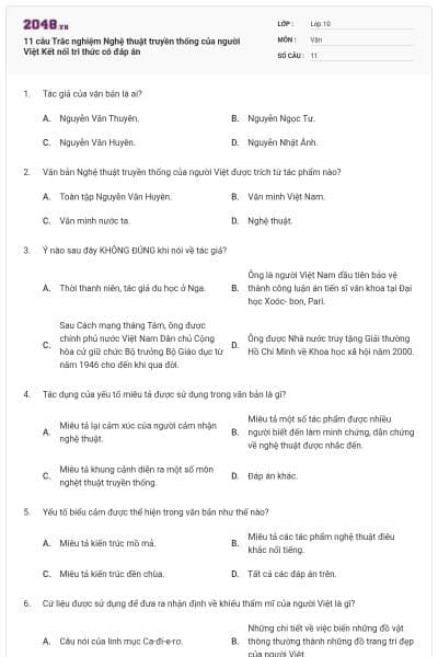11 câu Trắc nghiệm Nghệ thuật truyền thống của người Việt Kết nối tri thức có đáp án