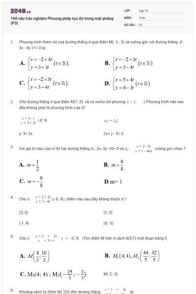 160 câu trắc nghiệm Phương pháp tọa độ trong mặt phẳng (P3)