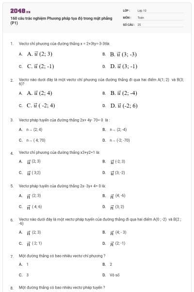 160 câu trắc nghiệm Phương pháp tọa độ trong mặt phẳng (P1)