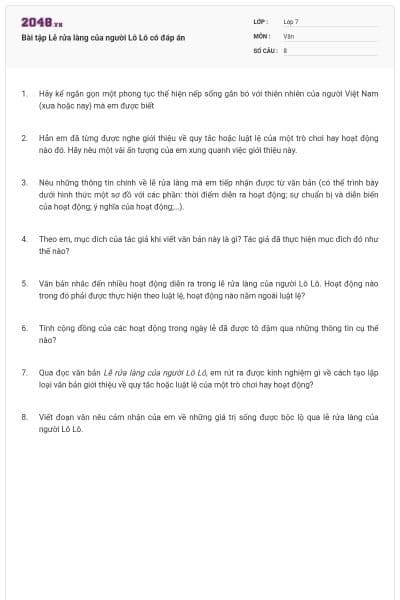 Bài tập Lễ rửa làng của người Lô Lô có đáp án