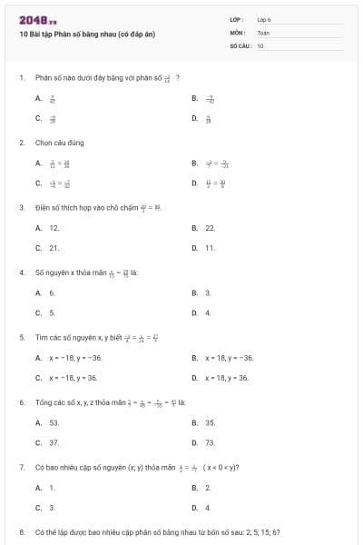 10 Bài tập Phân số bằng nhau (có đáp án)