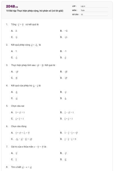 10 Bài tập Thực hiện phép cộng, trừ phân số (có lời giải)