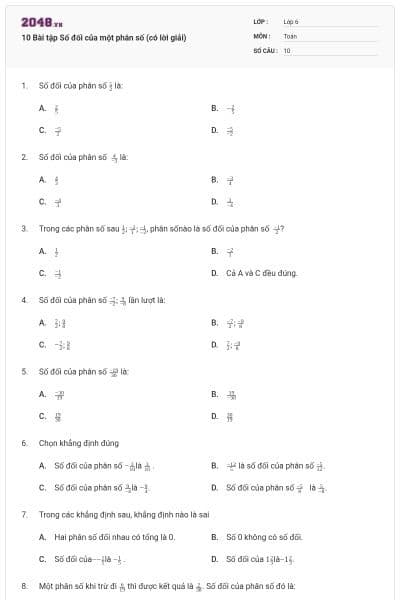10 Bài tập Số đối của một phân số (có lời giải)