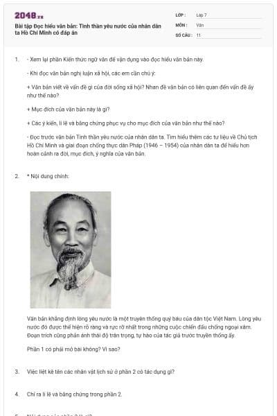 Bài tập Đọc hiểu văn bản: Tinh thần yêu nước của nhân dân ta Hồ Chí Minh có đáp án