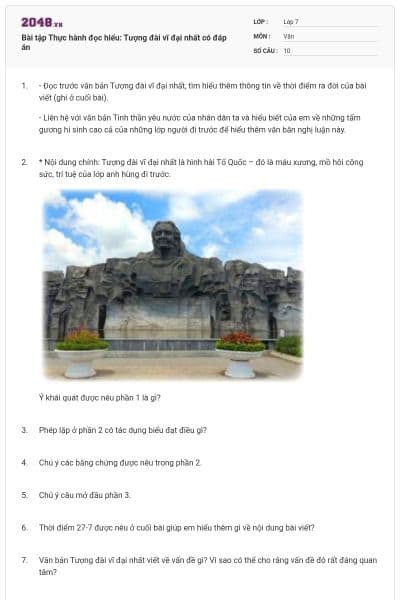 Bài tập Thực hành đọc hiểu: Tượng đài vĩ đại nhất có đáp án