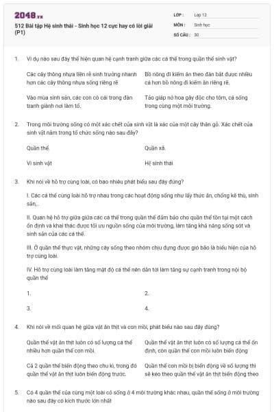 512 Bài tập Hệ sinh thái - Sinh học 12 cực hay có lời giải (P1)