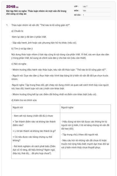Bài tập Nói và nghe: Thảo luận nhóm về một vấn đề trong đời sống có đáp án