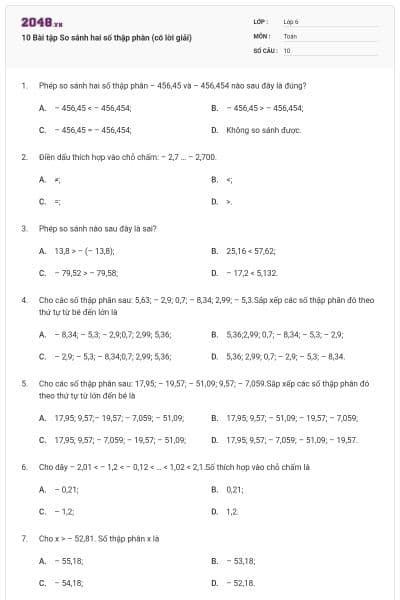 10 Bài tập So sánh hai số thập phân (có lời giải)