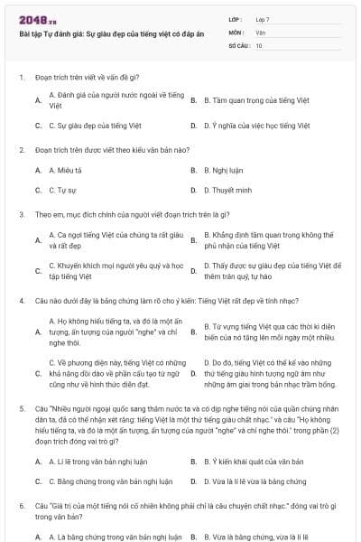 Bài tập Tự đánh giá: Sự giàu đẹp của tiếng việt có đáp án