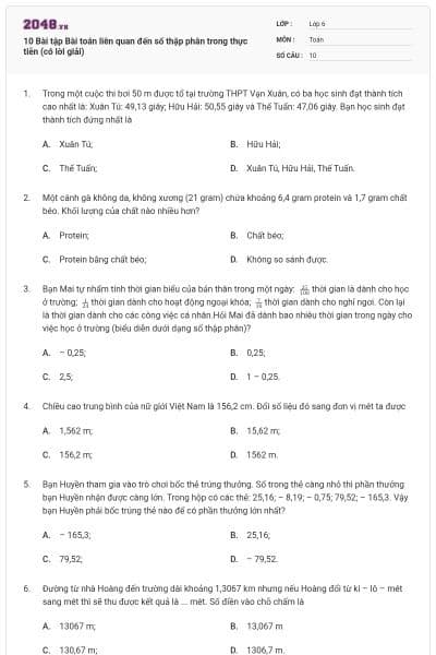 10 Bài tập Bài toán liên quan đến số thập phân trong thực tiễn (có lời giải)