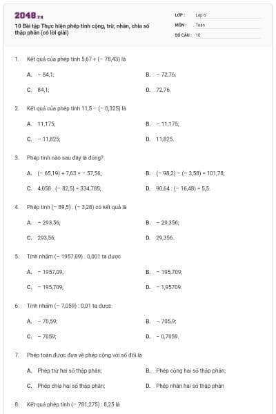10 Bài tập Thực hiện phép tính cộng, trừ, nhân, chia số thập phân (có lời giải)
