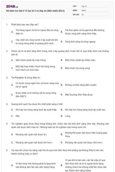 Đề kiểm tra Vật lí 12 học kì 2 có đáp án (Mới nhất) (Đề 6)