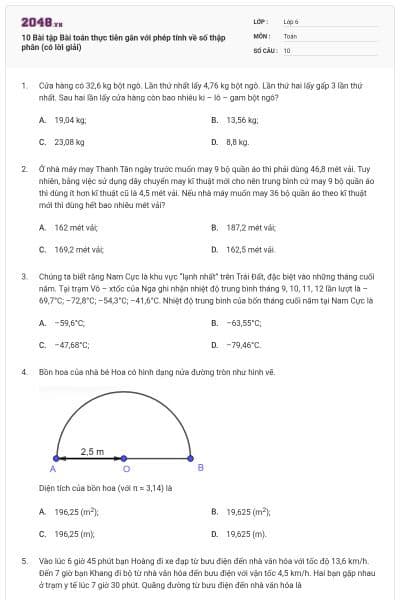 10 Bài tập Bài toán thực tiễn gắn với phép tính về số thập phân (có lời giải)