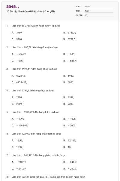 10 Bài tập Làm tròn số thập phân (có lời giải)
