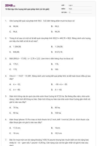 10 Bài tập Ước lượng kết quả phép tính (có lời giải)