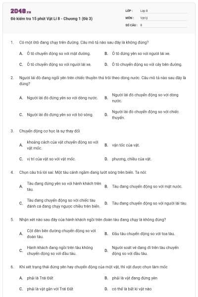 Đề kiểm tra 15 phút Vật Lí 8 - Chương 1 (Đề 3)