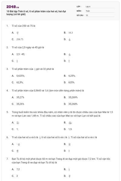 10 Bài tập Tính tỉ số, tỉ số phần trăm của hai số, hai đại lượng (có lời giải)
