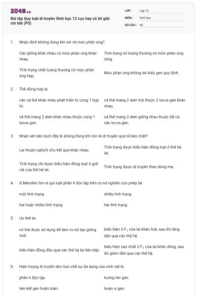 Bài tập Quy luật di truyền Sinh học 12 cực hay có lời giải chi tiết (P5)