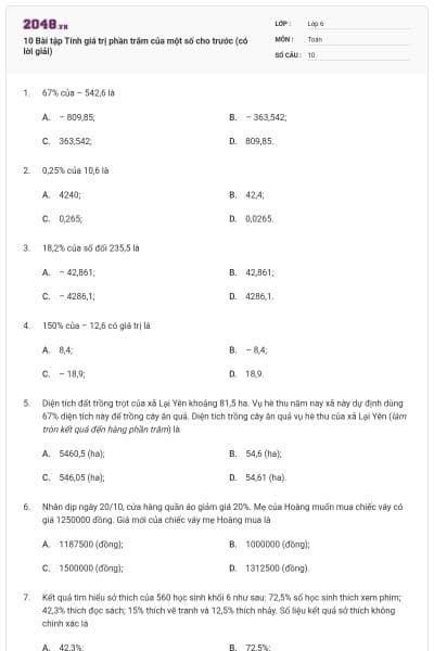 10 Bài tập Tính giá trị phần trăm của một số cho trước (có lời giải)