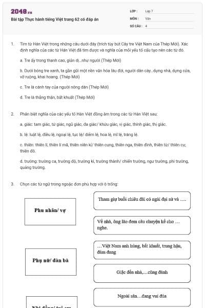 Bài tập Thực hành tiếng Việt trang 62 có đáp án