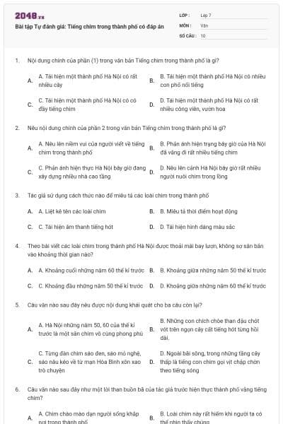 Bài tập Tự đánh giá: Tiếng chim trong thành phố có đáp án