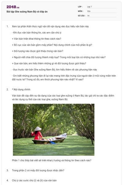 Bài tập Ghe xuồng Nam Bộ có đáp án