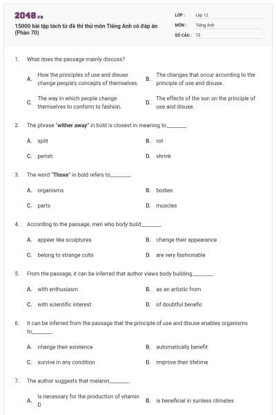 15000 bài tập tách từ đề thi thử môn Tiếng Anh có đáp án (Phần 70)
