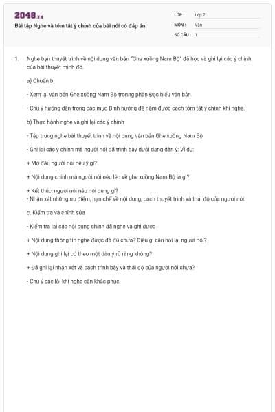 Bài tập Nghe và tóm tắt ý chính của bài nói có đáp án