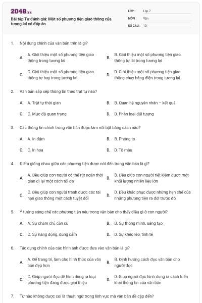 Bài tập Tự đánh giá: Một số phương tiện giao thông của tương lai có đáp án