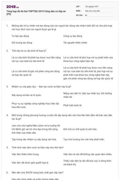Tổng hợp đề thi thử THPTQG 2019 Công dân có đáp án (P5)
