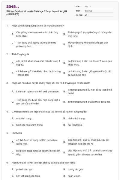 Bài tập Quy luật di truyền Sinh học 12 cực hay có lời giải chi tiết (P5)