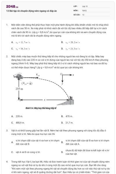 13 Bài tập về chuyển động ném ngang có đáp án