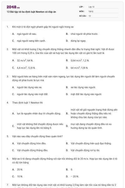 13 Bài tập về ba định luật Newton có đáp án