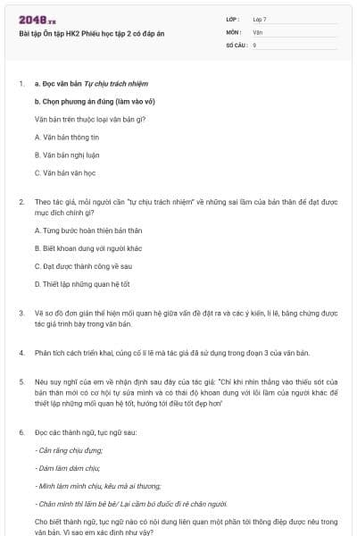 Bài tập Ôn tập HK2 Phiếu học tập 2 có đáp án