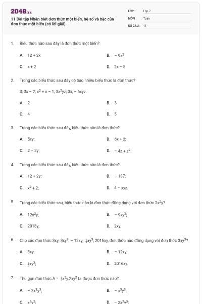11 Bài tập Nhận biết đơn thức một biến, hệ số và bậc của đơn thức một biến (có lời giải)