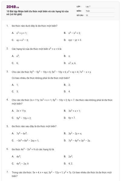 10 Bài tập Nhận biết đa thức một biến và các hạng tử của nó (có lời giải)