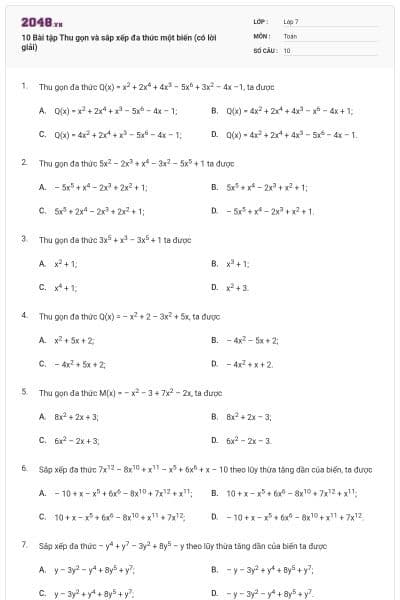 10 Bài tập Thu gọn và sắp xếp đa thức một biến (có lời giải)